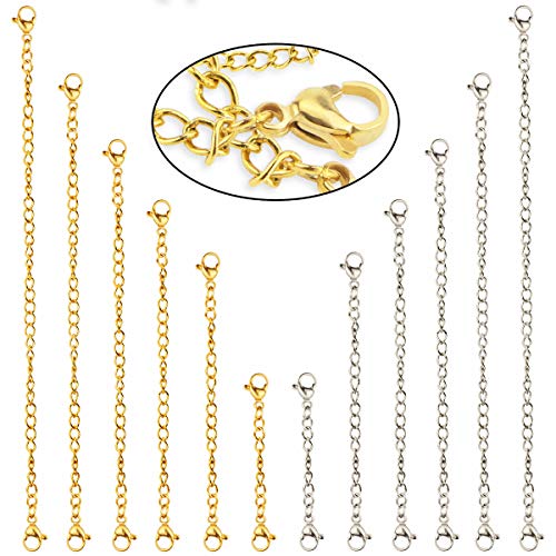 Neworkg 12pcs Stainless Steel Necklace Extender Lobster Clasps Bracelet Extender Chain Set for Jewelry Making Supplies 6 Different Length(6 Gold, 6 Silver)