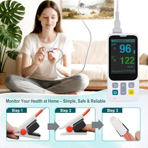 Image of Handheld Pulse Oximeter with Respiration Tracking, Rechargeable Oxygen Monitor for Adults, Continuous Monitoring with Alarm, Includes Finger Sensor and Foot Sensor for Home, Sports and Aviation Use