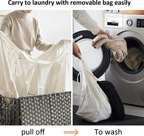 Fiona's Magic 140L Large Laundry Basket With Wheels, Laundry Hamper With Lid And Removable Bags, Dirty Clothes Hamper 3 Section For Bedroom, Handwoven Rattan Wicker, Grey #TOP3