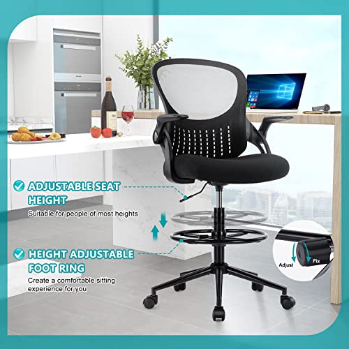 Edx Drafting Chair Tall Office Chair, Tall Standing Desk Chair Counter Height Tall Adjustable Office Chair With Flip-Up Arms/Wheels, Mid Back Mesh Office Drafting Chairs For Standing Desk #TOP6