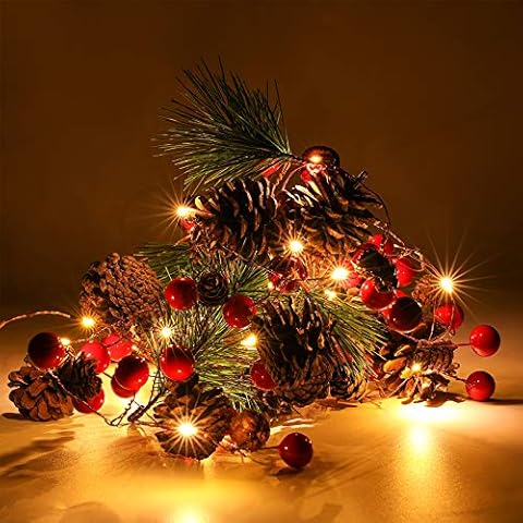 Luditek Christmas Garland with Lights, Red Berry Pine Cone 6.5FT 20 LED Garland Lights Battery Operated, led Garland String Lights, Christmas Decorations Indoor for Home Fireplace Mantel Xmas Decor Cover