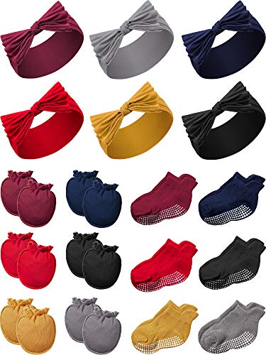 Image of Geyoga 18 Pieces Baby Headband Newborn Socks and Mittens Sets Elastic Baby Essentials Boys Girls 0-6 Months