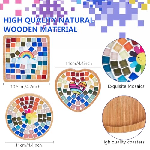 WEBEEDY 3 Set DIY Rainbow Mosaic Coaster Kit Stained Mosaic Glass Pieces DIY Glass Mosaic Tiles for Crafts Drinking Cup Coaster Decorate Your Own Heart Flower and Rainbow Design Coaster - Image 3