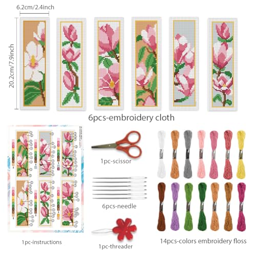 Image of BEUNITONE 6 Pcs Flower Cross Stitch Bookmark Kits for Beginners Magnolia DIY Stamped Cross Stitch Kit Vintage Floral Embroidery Kit with Instruction for Craft Book Lover Reader Writer 8''x2.4''