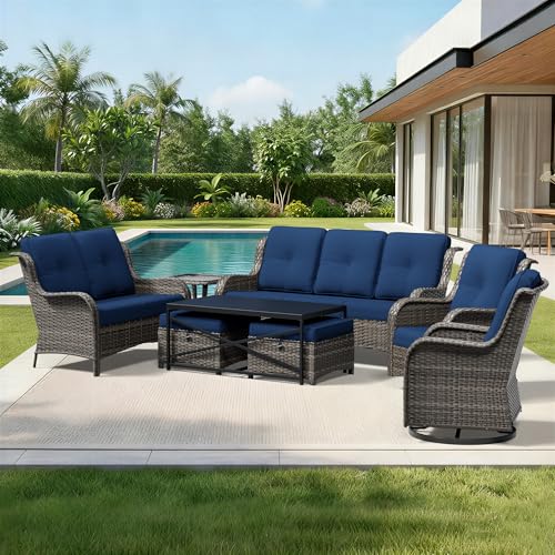 Image of Joyside 8 Piece Wicker Patio Furniture Set, Outdoor Swivel Rocker Patio Chairs with High Back, Deep Seating, Wide Armrest, Thickened Cushions, Outdoor Furniture for Deck, Porch Use