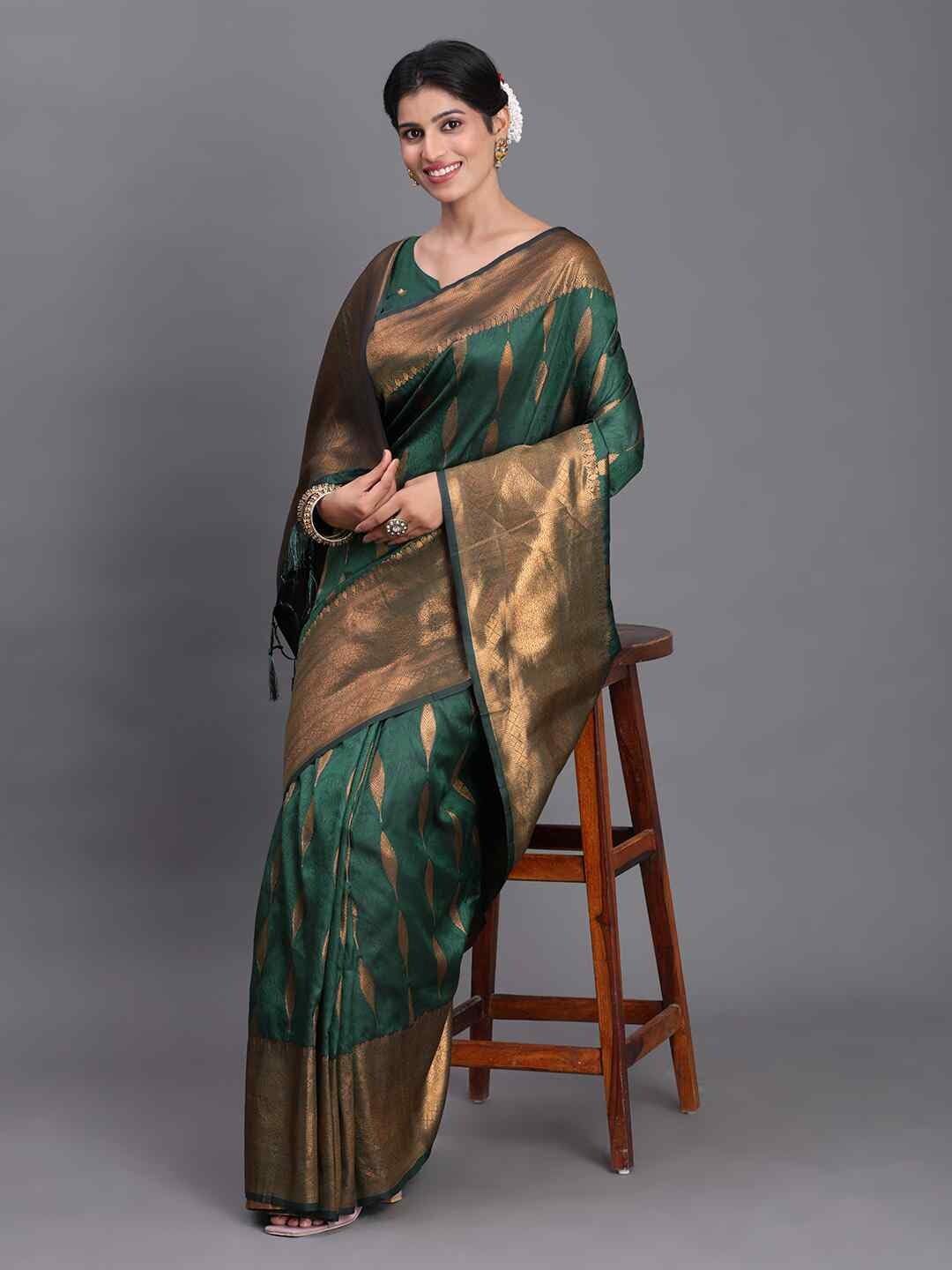 Shiv Textiles Women's Silk Woven & Tassel Saree(AUS-ASBNR2005-DARK GREEN) 2