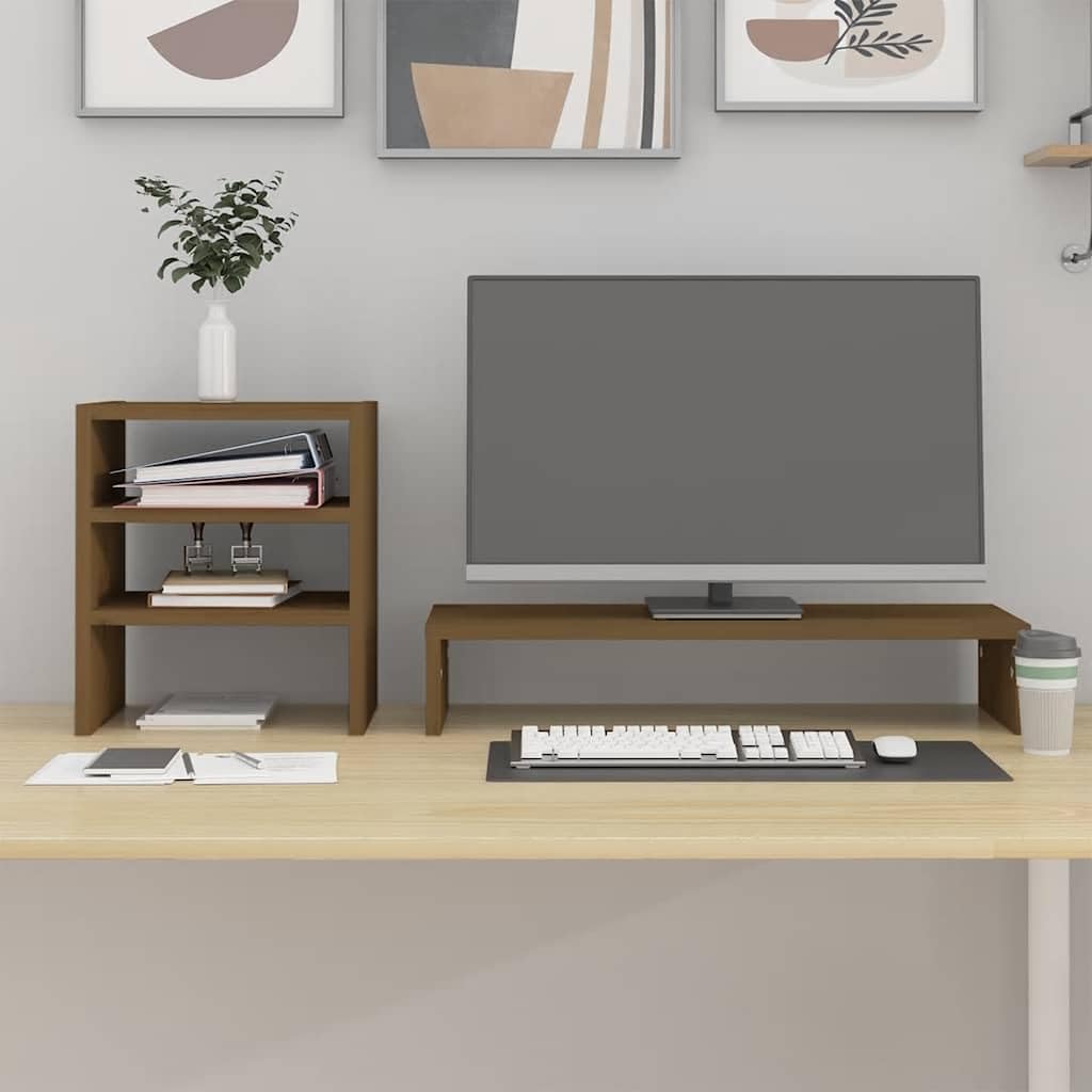 Supporto per monitor in legno massello di pino, 81 x 20 x 30 cm, supporto da scrivania con ripiano per tastiera, gestione dei cavi, scaffale ergonomico per ufficio, home office e gaming