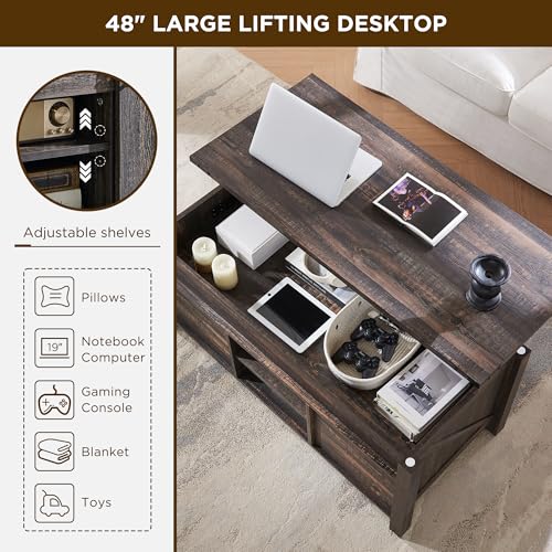 OKD-Farmhouse-Lift-Top-Coffee-Table-with-Sliding-Door-48-Large-Rustic-Center-Table-with-Hidden-Storage-Compartment-Lifting-Tabletop-Adjustable-Shelf-for-Living-Room-Office-Dark-Rustic-Oak OKD Farmhouse Lift Top Coffee Table with Sliding Door 48 Large Rustic Center Table with Hidden Storage Compartment Lifting Tabletop Adjustable Shelf for Living Room Office Dark Rustic Oak