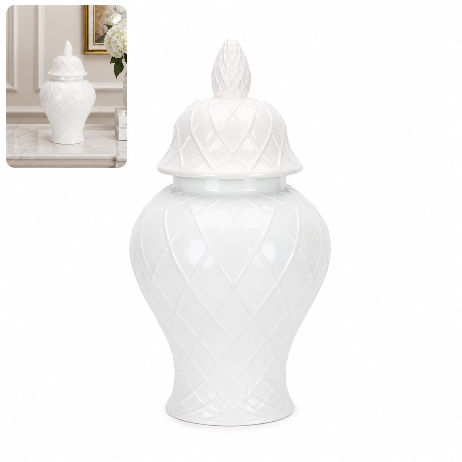 Ceramic Ginger Jar Vase With Lid, Decorative Porcelain Jars Temple With Lids,Handmade Flower Vases Decor (white,7.9 * 16.5in)