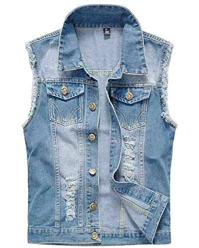 Image of ebossy Men's Ripped Distressed Denim Vest Sleeveless Button Up Jean Vest Jacket (Medium, Light Blue)