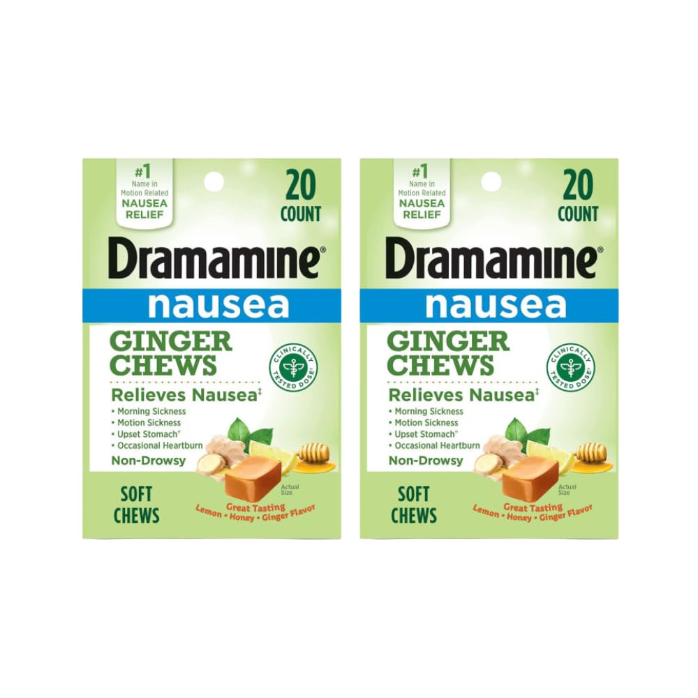 Ginger Chews, Helps with Nausea, Lemon Honey Ginger Flavor, 20 Soft Chews (Pack of 2)
