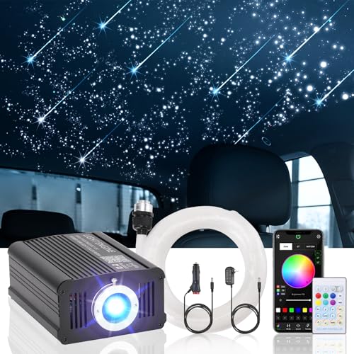 Meteor Twinkle Headliner Star Light Kit, 550pcs*0.03in*9.8ft Ceiling Fiber Optic Lights with 100pcs Shooting Star Light Effect Music Mode RGBW Sound Activated for Car Roof Home Ceiling Decoration