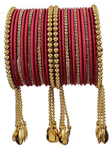 NMII Metal Base Metal Zircon Gemstone Studded Matte and Glossy Finished BallChain Linked Latkan Bangle set for Women and Girls, (Maroon_2.8_Inches), (Pack Of 26 Bangle set) Deal