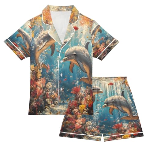 ALAZA Dolphin Beautiful Coral Reef Satin Pajamas Set Short Sleeve Button Down Sleepwear Summer Pjs 2 Piece