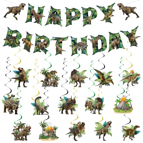 Image of Hooqict Happy Birthday Banner Dinosaur Birthday Decorations with 15Pcs Dinosaur Hanging Swirl Ceiling Streamers for Kids Boys Jungle Safari Green Dino Themed Party Decorations Supplies
