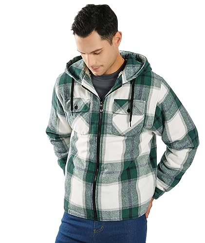 zitysport Hemdjacke Herren Hemd Sherpa Fleece Kariert Gefüttert Kapuzenpullover Fleecefutter Mantel Winter Jacke mit Taschen Flanellhemd Kariertes Männer Sweatjacke mit Kapuze(Weiß grün,2XL)