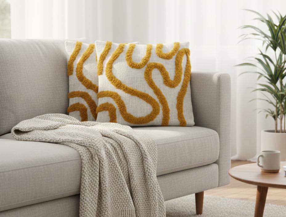 Image of Furnistitchs Premium Decorative Throw Cushion Pillow Cover Boho Home Decor - Living Room Bedroom Couch Sofa Cushion Covers 16 inch x 16 inch (1, Mustard Zigzag)