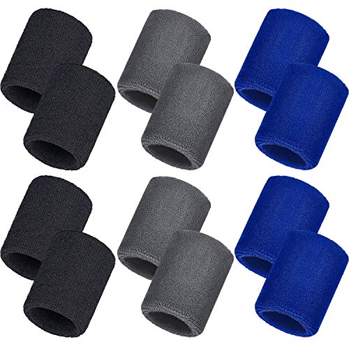 Bememo 12 Piezas de Muñequera Deportiva Pulsera Banda de Algodón para Hombres y Mujeres, Buena para Tenis, Baloncesto, Correr, Gimnasio, Ejercicio (Negro, Azul, Gris)