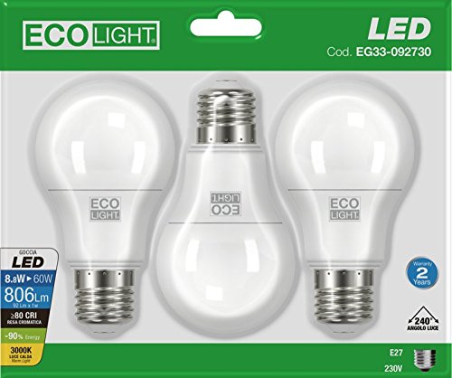 Century Ecolight gloeilamp, 8,8 W, 3 stuks, warm licht, LED, fitting E27, 8,8 W, 3000 K, 806 lm, 3 stuks, wit, 3 stuks