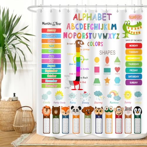 Image of Kids Educational Shower Curtain ABC Learning Tool Funny Cartoon Animals Colors Shapes Weathers Multiplication Table Girls Boys Colorful Decor Waterproof Fabric 72Lx60W Inch with Hooks