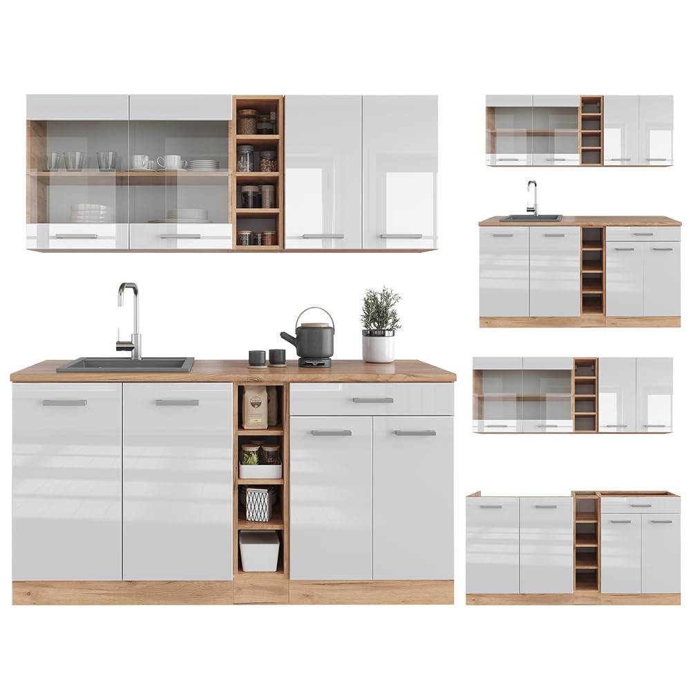 Vicco Singleküche R-Line, Weiß Hochglanz/Goldkraft Eiche, 160 cm | ohne Arbeitsplatte, zur individuellen Kombination und Erweiterung geeignet