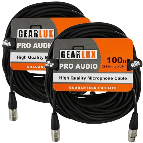 Gearlux XLR Microphone Cable, Fully Balanced, Male to Female, 100 Feet - 2 Pack