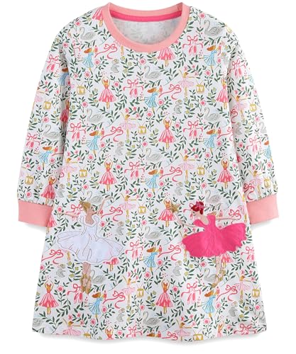 Hongshilian Little Girls Cotton Casual Dress Cartoon Appliques Fall Clothes Basic Jersey Long Sleeved Party Dresses