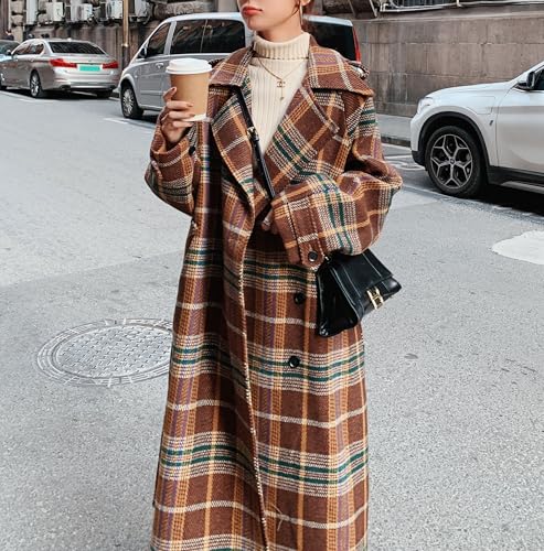 chouyatou Women's Plaid Button Down Wool Coat Notch Lapel Overcoat Winter Long Trench Coat with Belt4