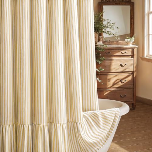 XOGUIBO Farmhouse Shower Curtain with Ruffle Hem Linen Shower Curtains for Bathroom Country Vintage Rustic Natural Fabric Cream-Yellow Stripe 72 W x 72 L