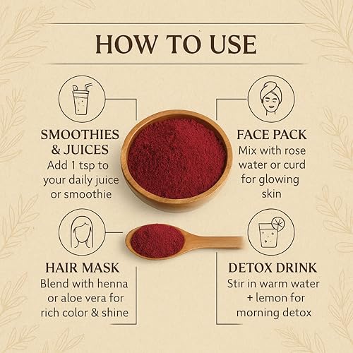 Image of Organic Beetroot Powder for Glowing Skin, Pink Lips & Hair Growth, Organic Chukandar Powder for DIY Face Pack, Juicing & Natural Beauty (55g)