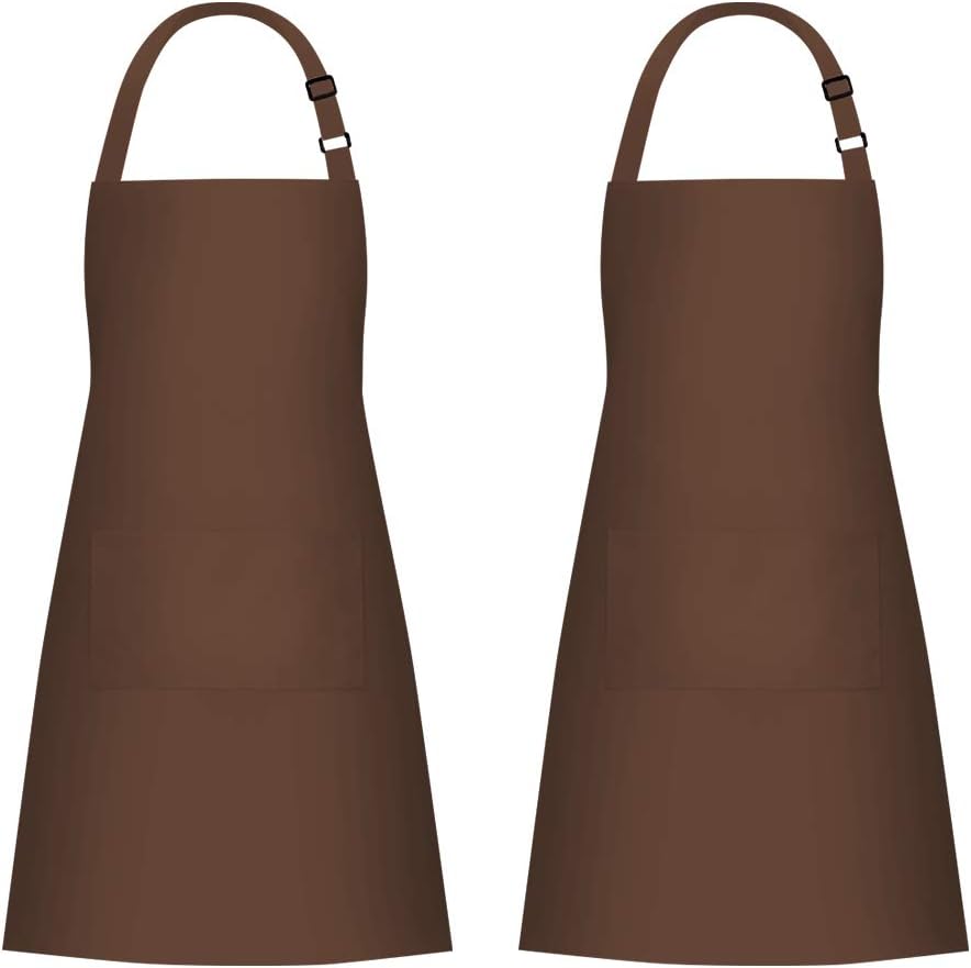 Brown Polyester Adjustable Bib Aprons with Pockets, Set of 2