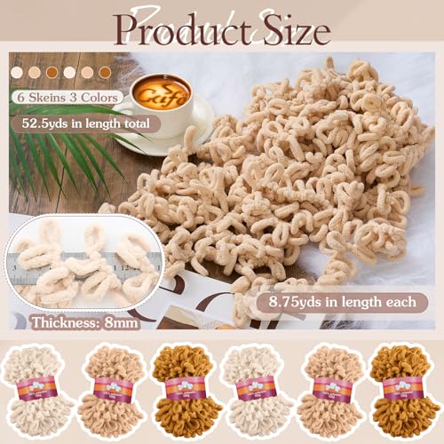 Image of Threlaco 6 Pack Loops Yarn Bulk for Finger Knitting Soft Chunky Yarn 600 G / 6 Skeins for Beginners DIY Hand Knitting No Needles or Hooks(Beige, Khaki, Turmeric)