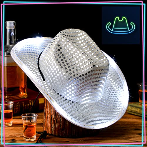 Image of Kigeli 10 Pcs Lights LED Cowboy Hat for Adult LED Flashing Hat for Western Cowboy Women Men Role Play