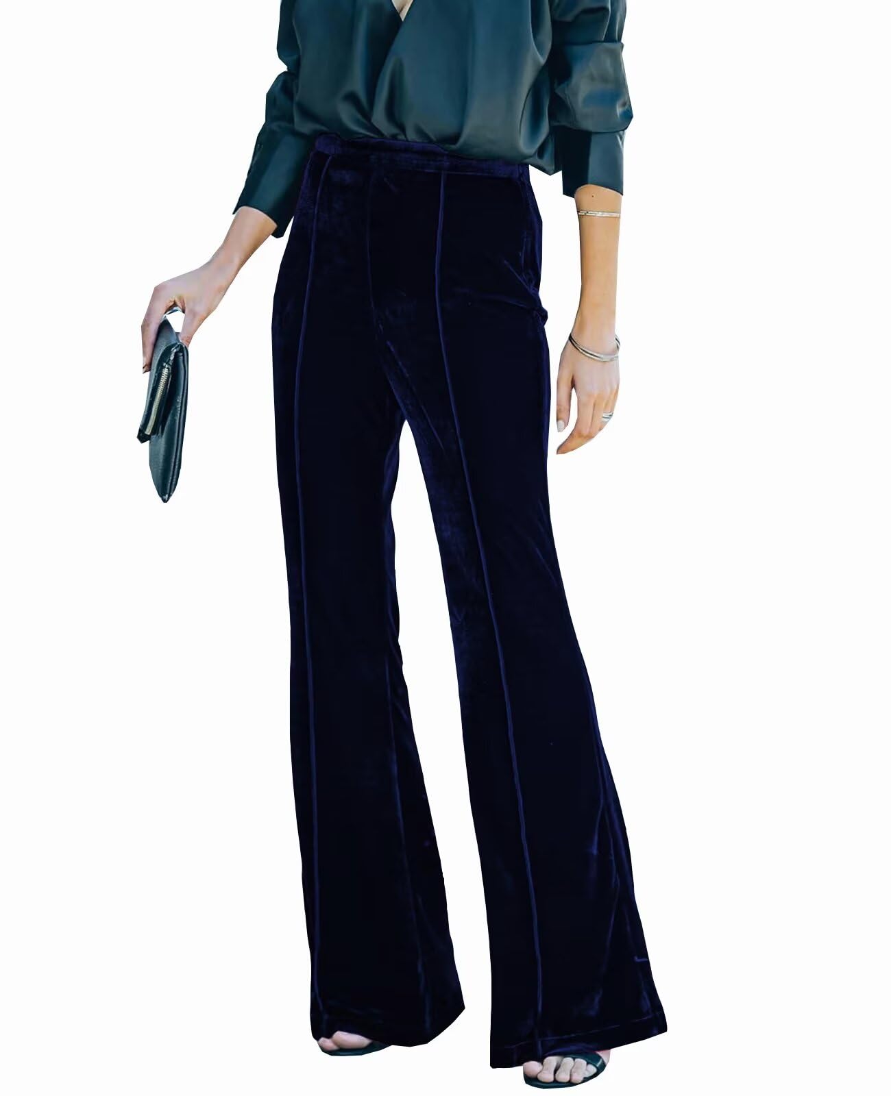 Womens Cozy Velvet Flared Bootcut Pants High Waisted Front Seam Wide Leg Palazzo Lounge Trousers Navy S