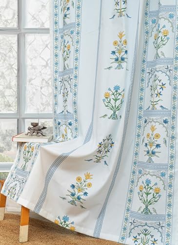 Image of Tranquebar Curtain Co. Cotton Curtains 7 Feet Long Set of 2, 60-65% Room Darkening, Blue Ethnic Curtains Floral Print, Door Curtains 7 Feet Set of 2, BackTabs, Sashi (213 cm) - Set of 2