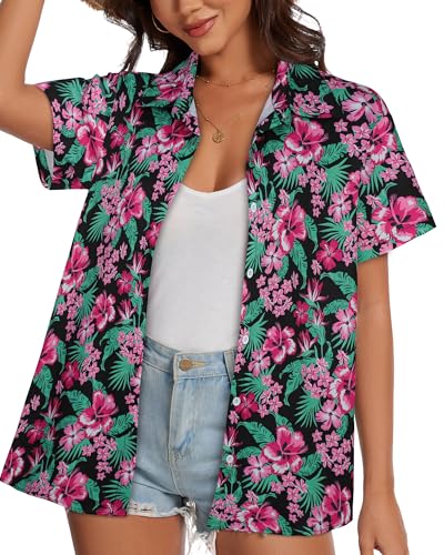 Image of Women Hawaiian Shirt Button Down Summer Tops Beach Short Sleeve Blouse