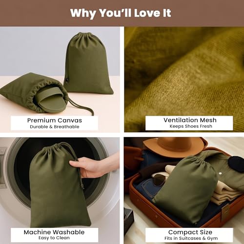 Image of LFH Cotton Shoe Storage Bags with Drawstring, Breathable Dustproof Reusable Shoe Organizer for Travel, Gym, Dorm, Hotel, Machine Washable Easy Carry 12 inchx17 inch (Pack of 6), Military Green