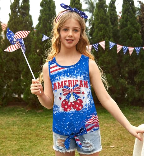 Image of July 4th Girls Patriotic Sleeveless Tie Knot Front Tank Top Stars Stripes Tee Shirt 4-14 Years