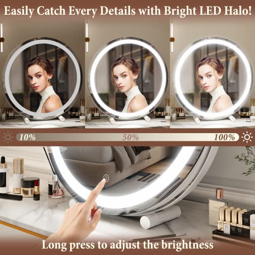 Fennio 18 Inch Large Vanity Mirror With Lights, Round Led Lighted Up Makeup Mirror, Large Makeup Mirror With Lights, Touch Screen With 3-Color Lighting Dimmable, For Vanity Desk Tabletop, Bedroom #TOP3