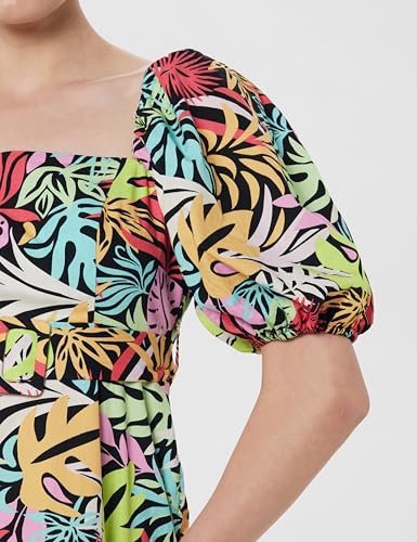 Image of ONLY Tropical Printed Square Neck Puff Sleeves Cotton Sheath Dress
