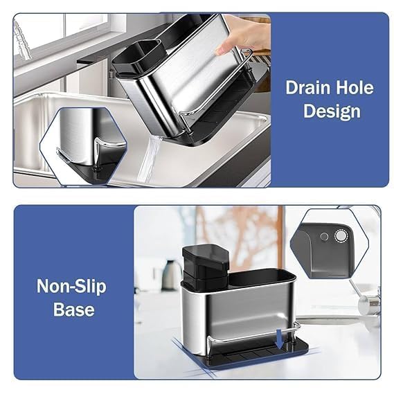 Image of 3 in 1 Kitchen Sink Caddy with Soap Dispenser & Sponge Holder | Stainless Steel Sink Organizer Rack for Dishwashing Liquid & Cleaning Tools | Silver Kitchen Countertop Organiser & Holder