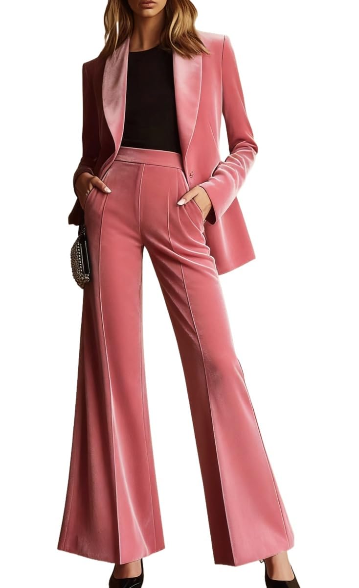 Botong Women's Pink Velvet Pant Suit 2 Piece Set Formal Office Work Suit Wedding Prom Tuxedo L