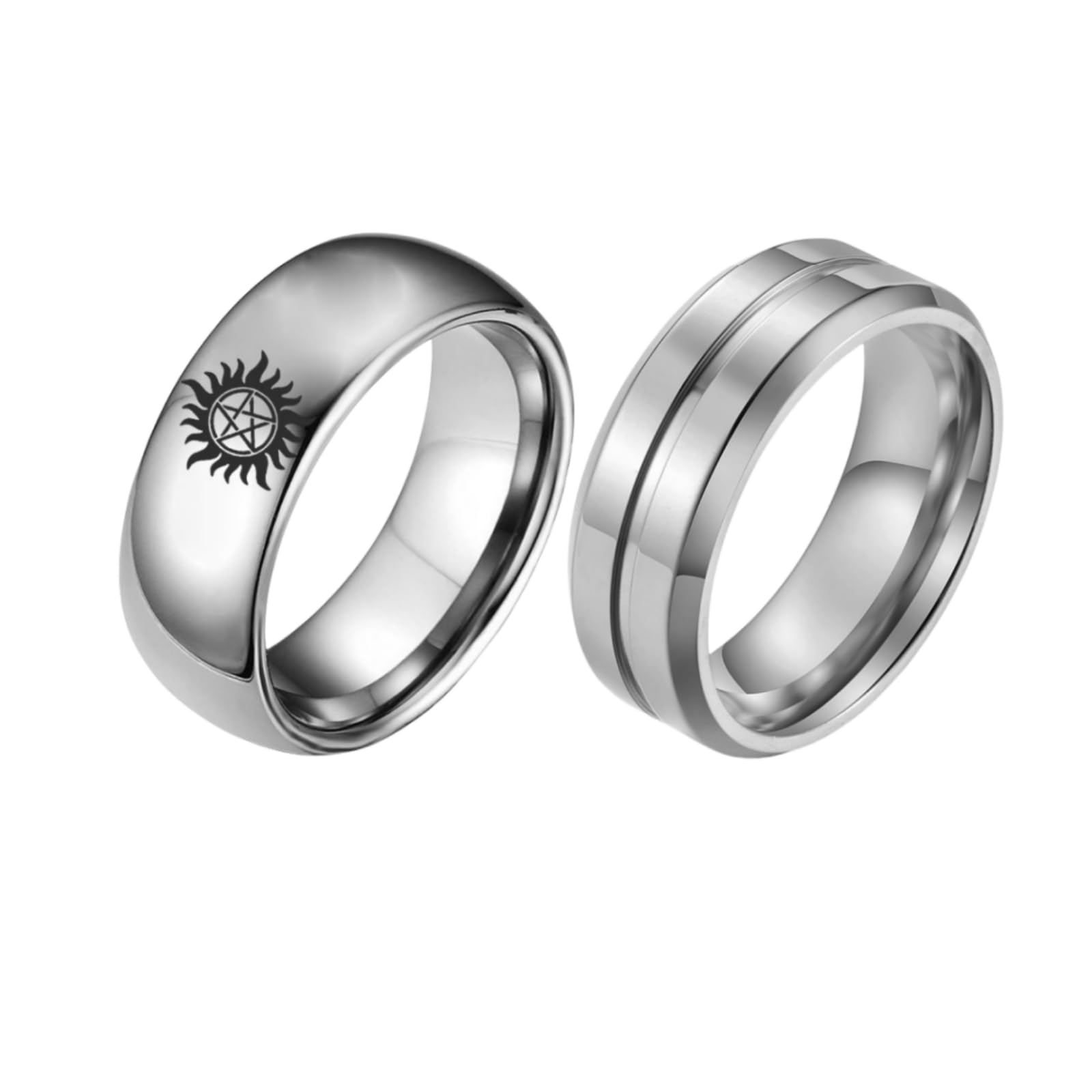 xuanhang 2Pack Set Stainless Steel Natural Dean’s Ring and Anti-Possession Symbol Ring Set for Men Women,Titanium Steel Dean Winchester Inspired