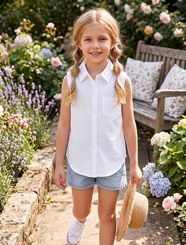 Image of Girls Plaid Sleeveless Button Down Shirt Summer Crop Tops Tie Knot Blouse Tank Tops 4-13Y