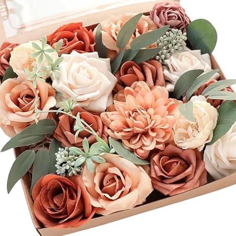Floroom Terracotta Artificial Flowers Burnt Orange Fake Roses Peonies Dahlia Greenery Combo Box Set for DIY Wedding Bouquets Bridal Shower Centerpieces Floral Arrangements Party Tables Home Decoration Cover