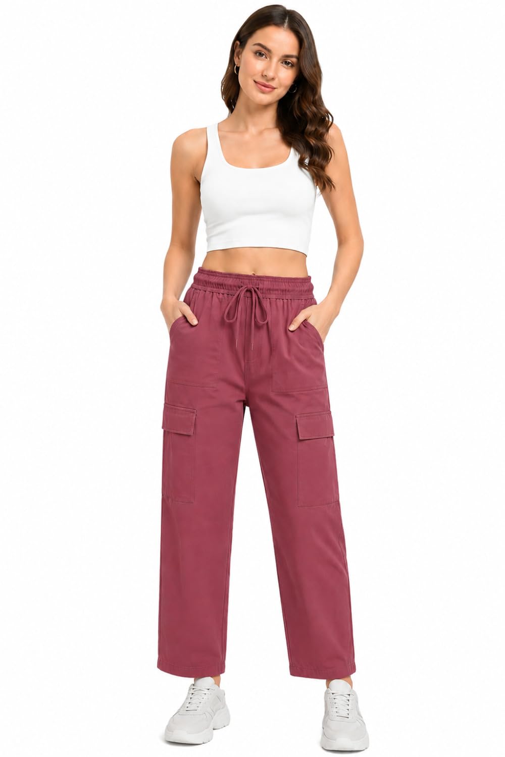 cupid Women Cotton Cargo TrackPants Blend Drawstring Waist 6 Pocket Casual Wide Leg Bottomwear-picture-8