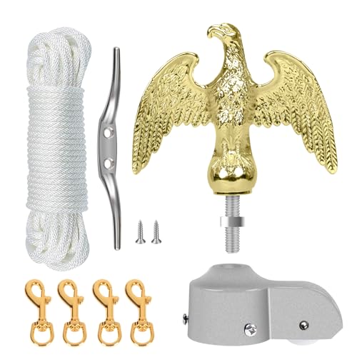 NQ Fahnenmast Zubehör Set mit Adler Fahnenmast Reparaturset Fahnenmast-Reparaturteile inkl.Adler Seil Karabiner Klampe Topper aus Aluminium mit Seilrolle(Gold)