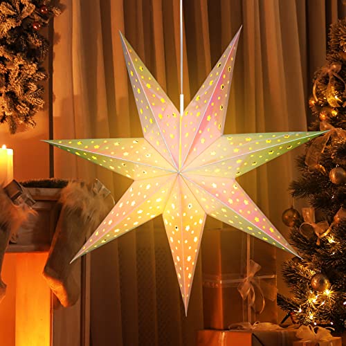 Christmas Star Paper Lantern 7 Pointed Star Paper Lantern with 10 LED Light String Hanging Pendant Lampshade Ornament for Weddings Holiday Birthday Home Decor 19.7 Inch(Classic,Holographic Rainbow)