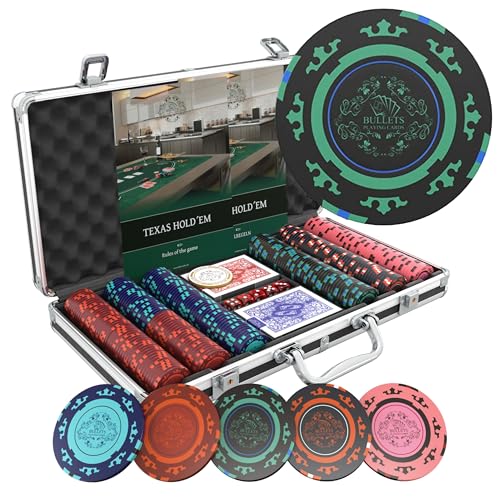Valigetta di design: con pulsante Dealer in ceramica, 2 mazzi di carte da gioco in plastica (Bullets Playing Cards; Poker-Size), 5 dadi, regole del poker