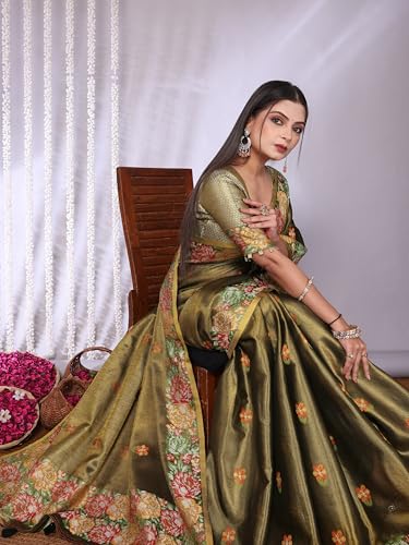Image of SWORNOF Gold-Toned Woven Design Silk Zari Tissue Saree | Saree for Women | Soft and Skin Friendly